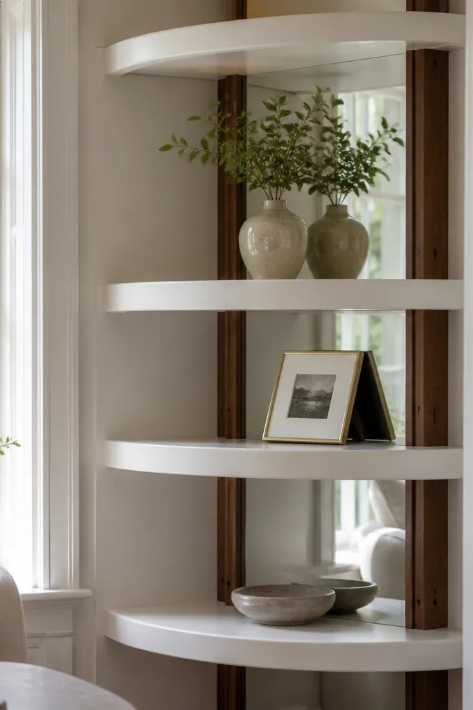 Corner shelf with a mirror panel behind small decor