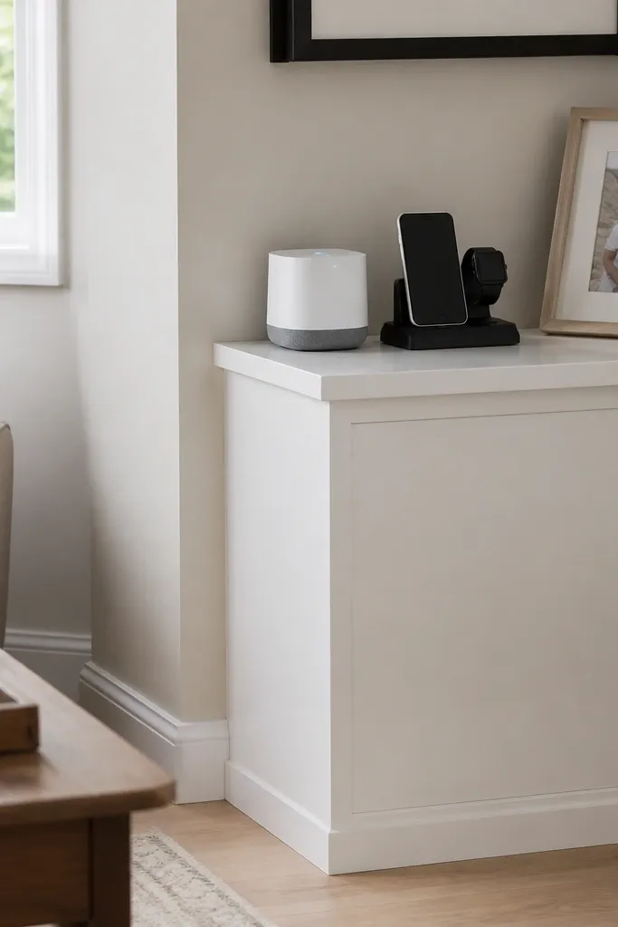 Corner shelf with a painted channel for hiding cables