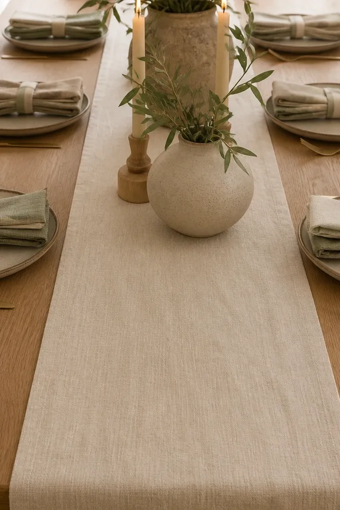 Cream linen runner with folded napkins in tan and olive, centered on a dining table
