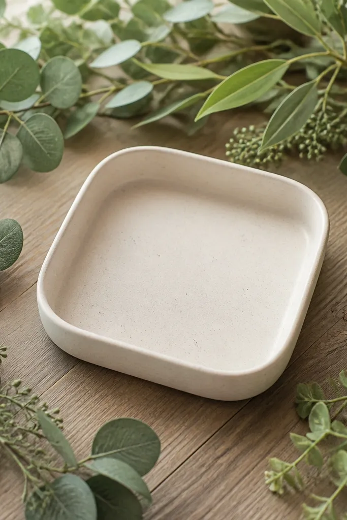 White ceramic tray holding stacked faux stems and small stones in a dining table center