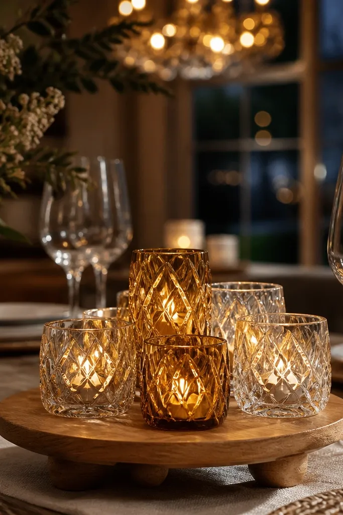 Small cut-glass votives grouped on a round wooden riser at the center of a dining table