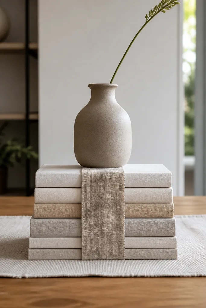 Two stacked books with a ceramic vase on top in the center of a dining table