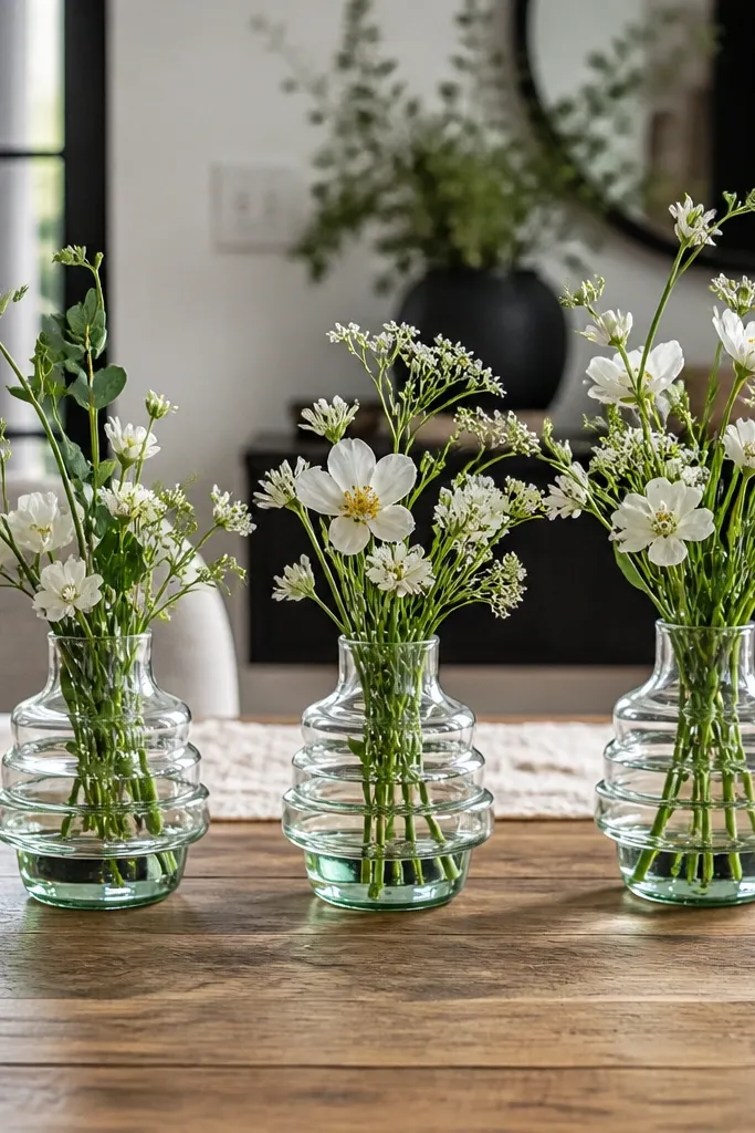 Three clear glass bud vases with water and small white flowers aligned on a dining table runner