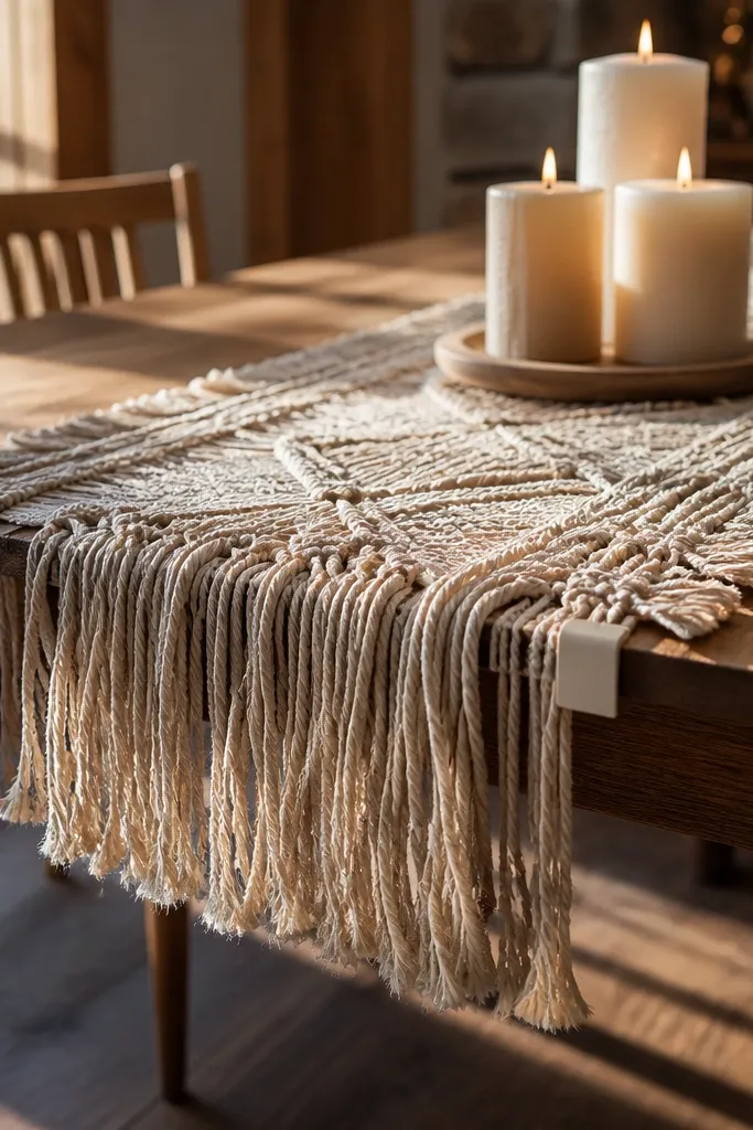 Cotton twine fringe runner draped across a dining table with minimal center decor