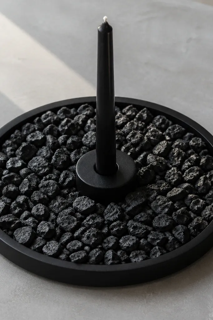 Matte black tray filled with smooth stones and a single candle in the center