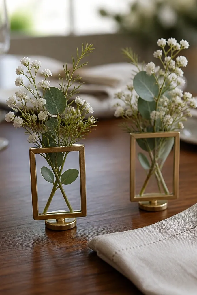Small frame place holders with mini stems arranged along a dining table