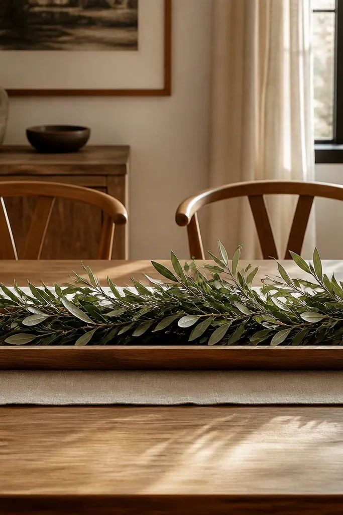 Low tray with faux olive branch garland running along the length of the dining table