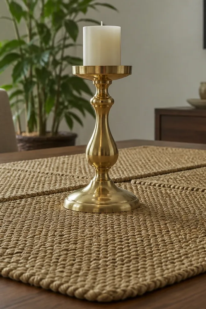 Woven placemats with one brass candle holder centered on a dining table runner