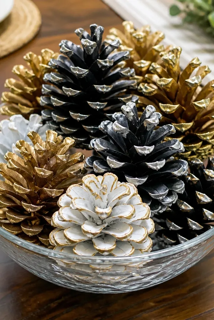 Clear glass bowl filled with white and gold painted pinecones on a dining table
