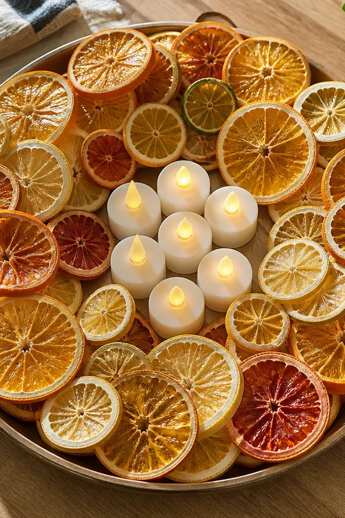 Shallow tray with citrus slices around small candles on a dining table