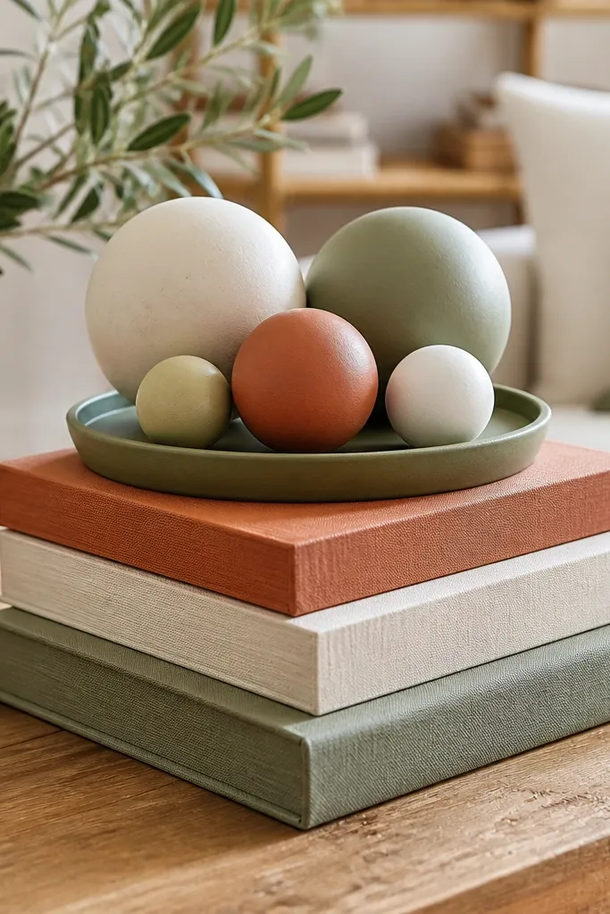 Stacked books with a tray of pastel spheres in the center of a dining table