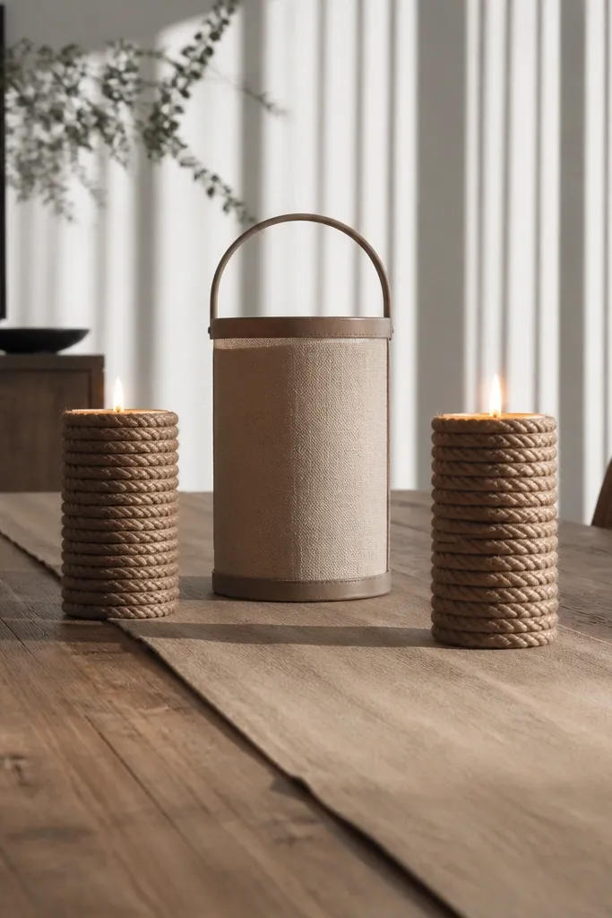 Tall rope-wrapped candles and one neutral lantern centered on a dining table runner