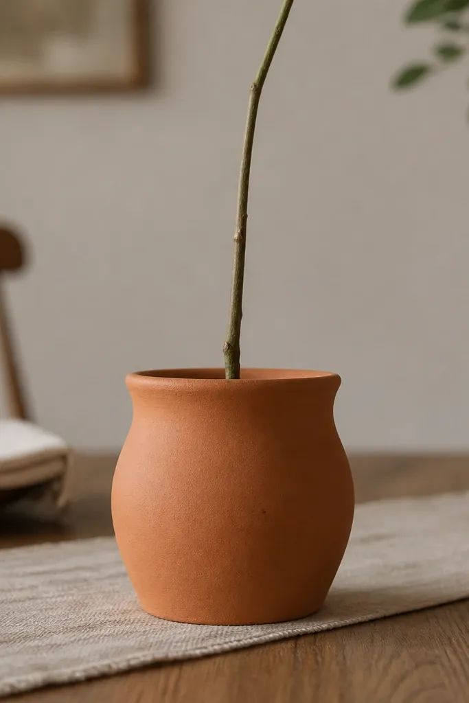 Small terracotta planter holding one long stem in the center of a dining table