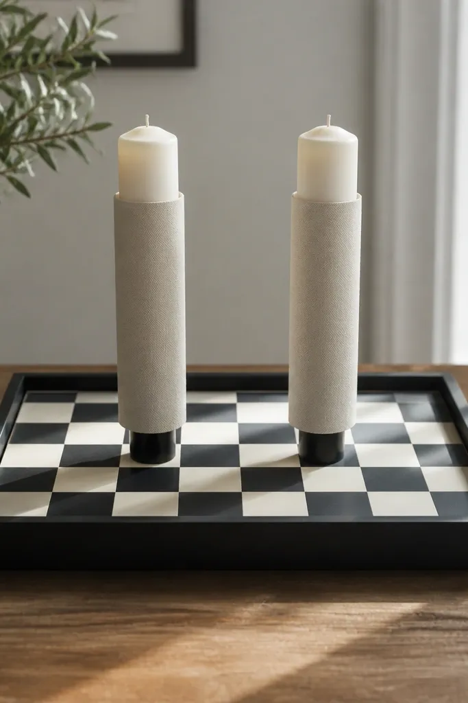 Black-and-ivory checkered tray with two candles in simple sleeves on a dining table