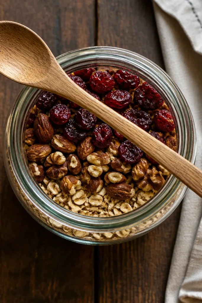 Clear jar filled with layered grains and a wooden spoon resting on a tray