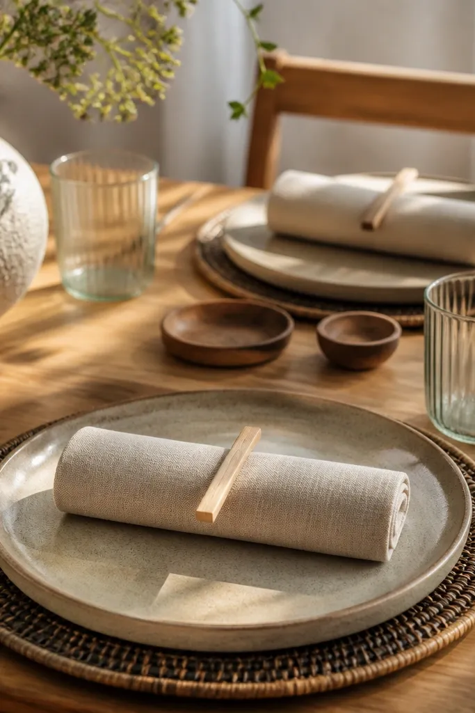 Rolled napkins tied with a wooden chopstick and twine on a dining table runner