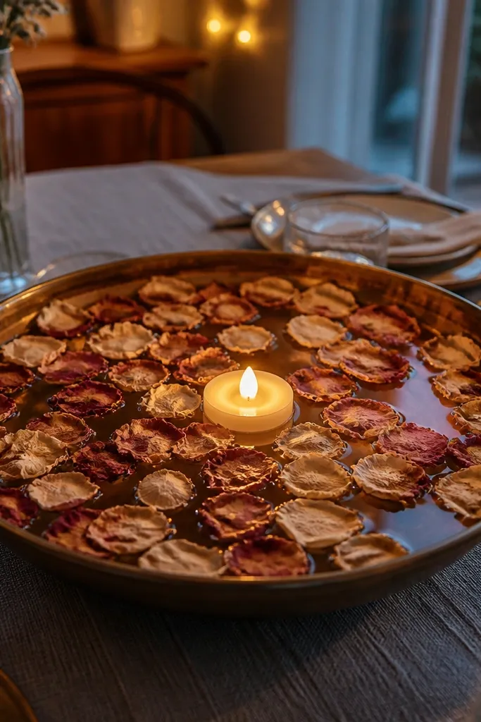 Tray with shallow water, floating LED candle, and scattered petals in the center