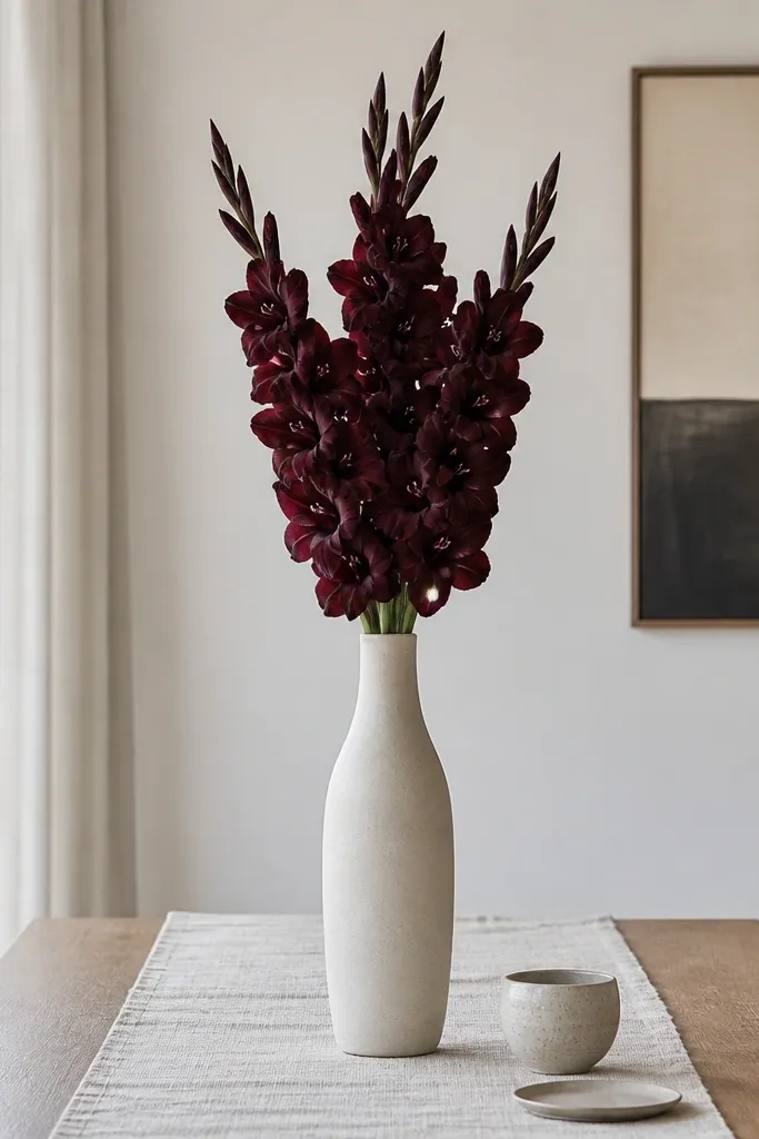 Tall narrow vase with one color flowers arranged in a spike at the center of a dining table