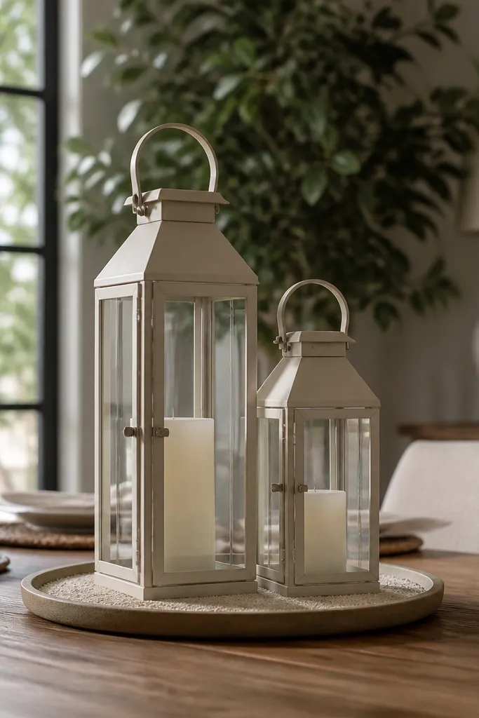 Two lanterns of different sizes with a small tray of sand in between on a dining table