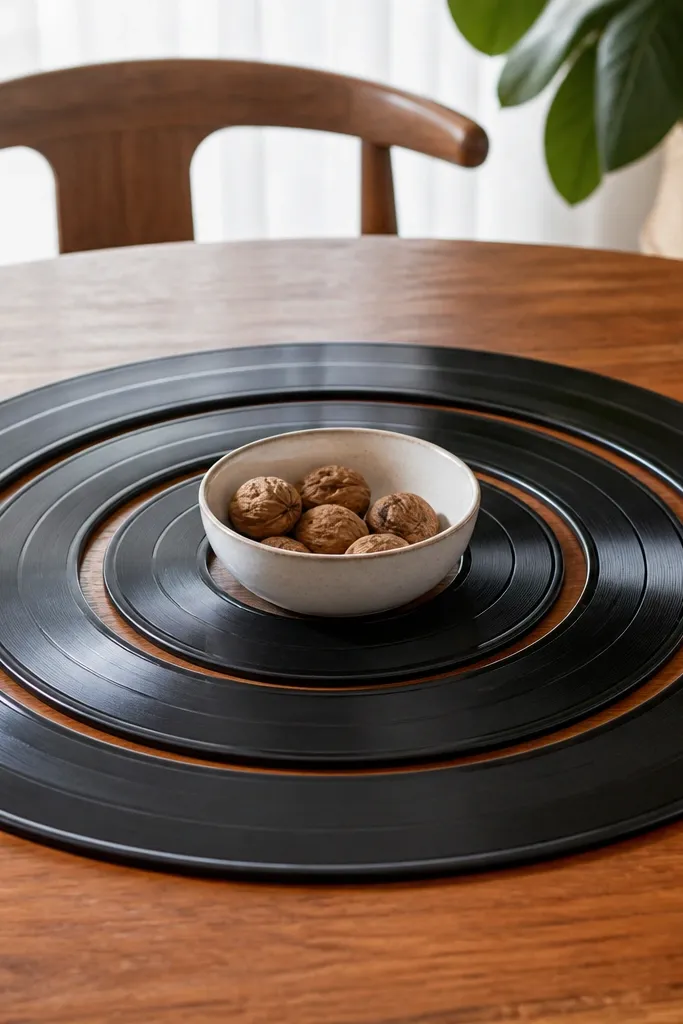 Round vinyl record coasters arranged around a small bowl centerpiece on a dining table
