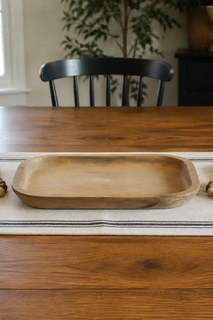 Runner with bead garland ends and a simple tray centerpiece on a dining table