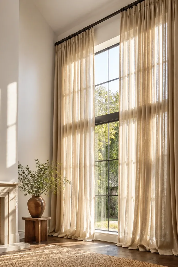 Light linen curtains hung high with wide folds across a double-height window