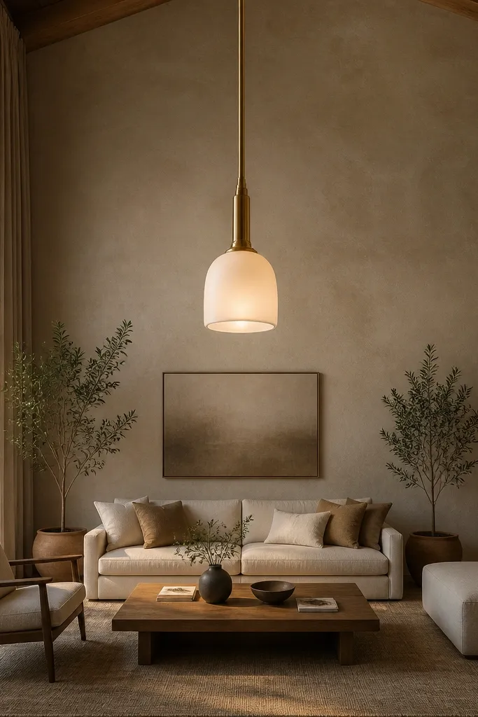 Warm pendant light hanging above a seating area with soft amber glow