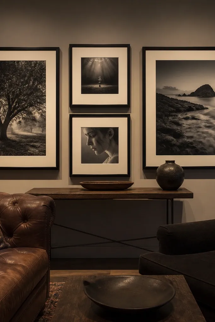 Large framed art arranged in a neat grid at eye level on a tall wall
