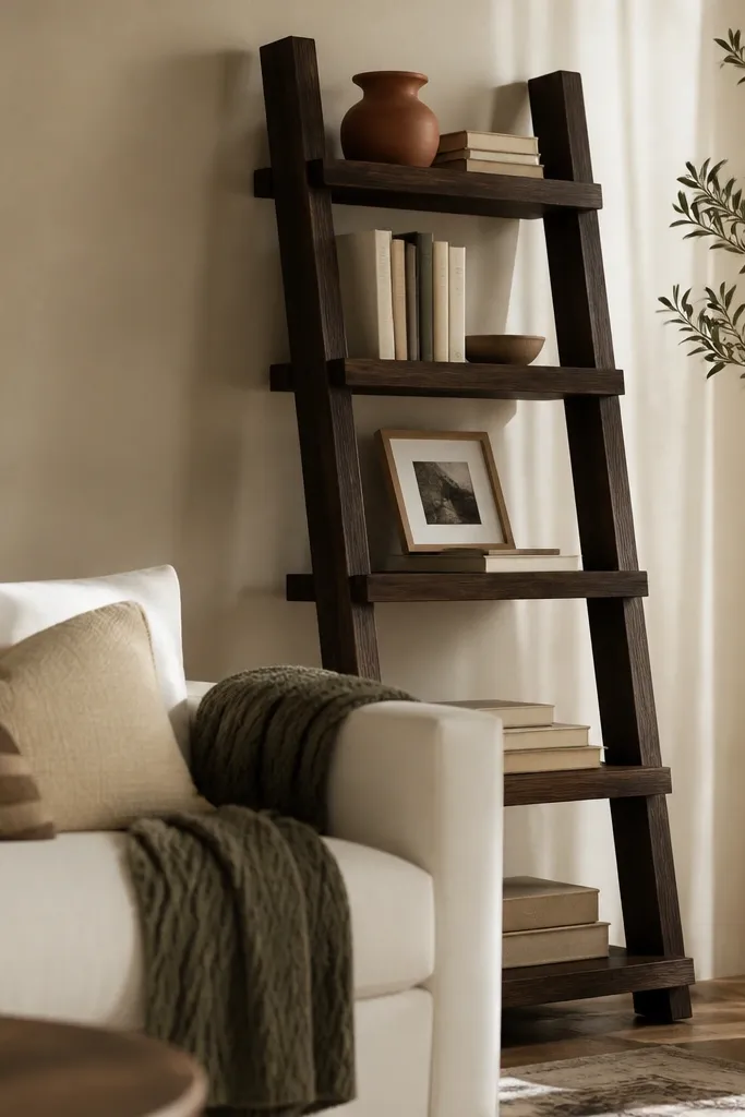 Wood ladder shelf with books and decor stretching upward behind a sofa