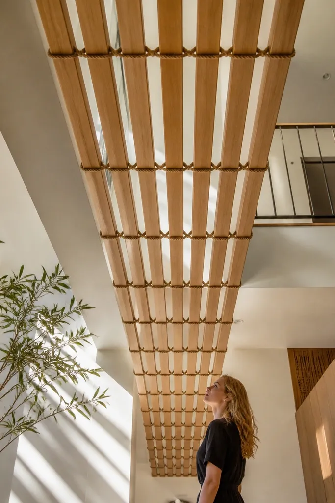 Painted slatted panels creating a beam-like pattern on a tall ceiling