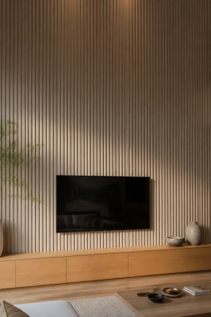 Fluted paneling media wall with warm wood lower section and clean TV placement