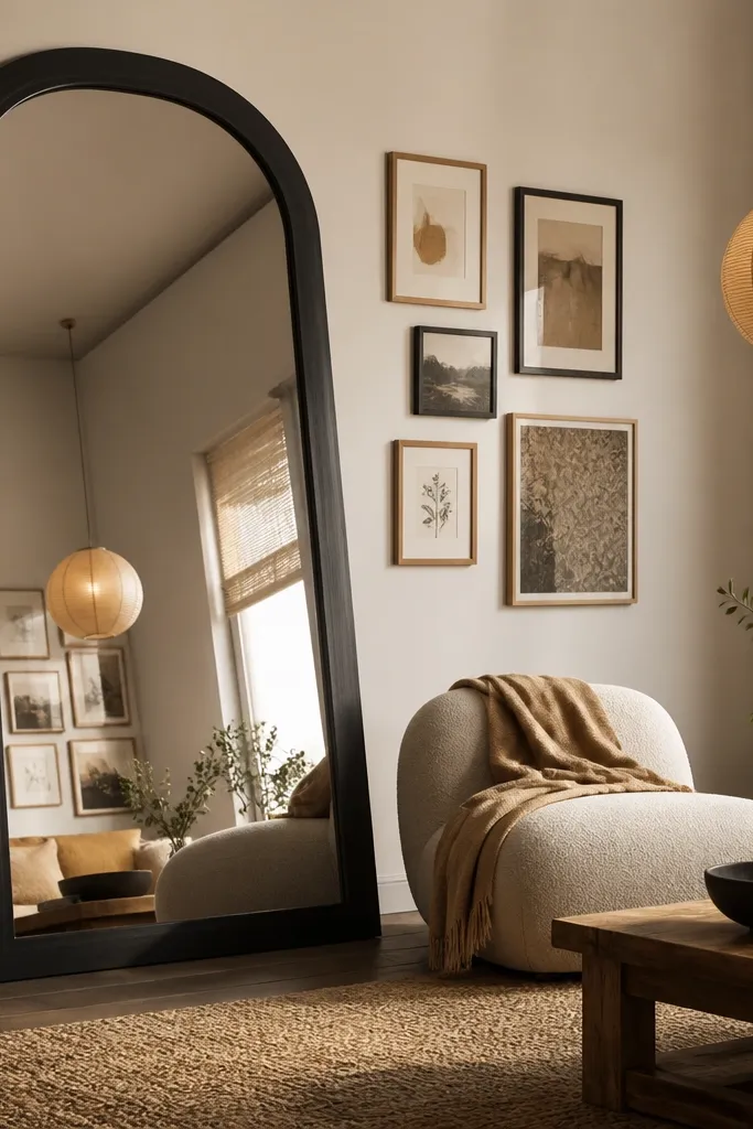 Large arched floor mirror with dark frame near a sofa in a tall room