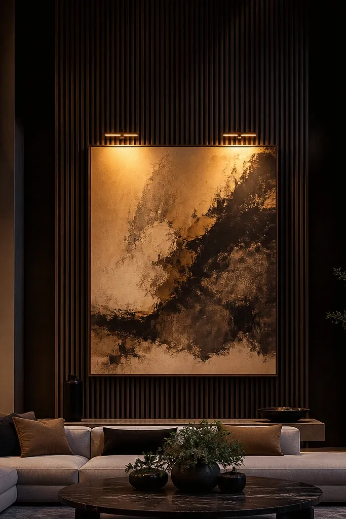 Small wall-mounted picture lights illuminating framed art on a tall wall