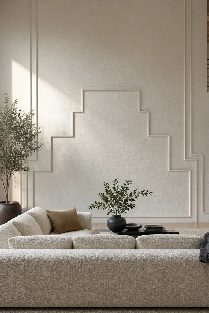 Geometric wall molding pattern behind sofa creating depth and shadow