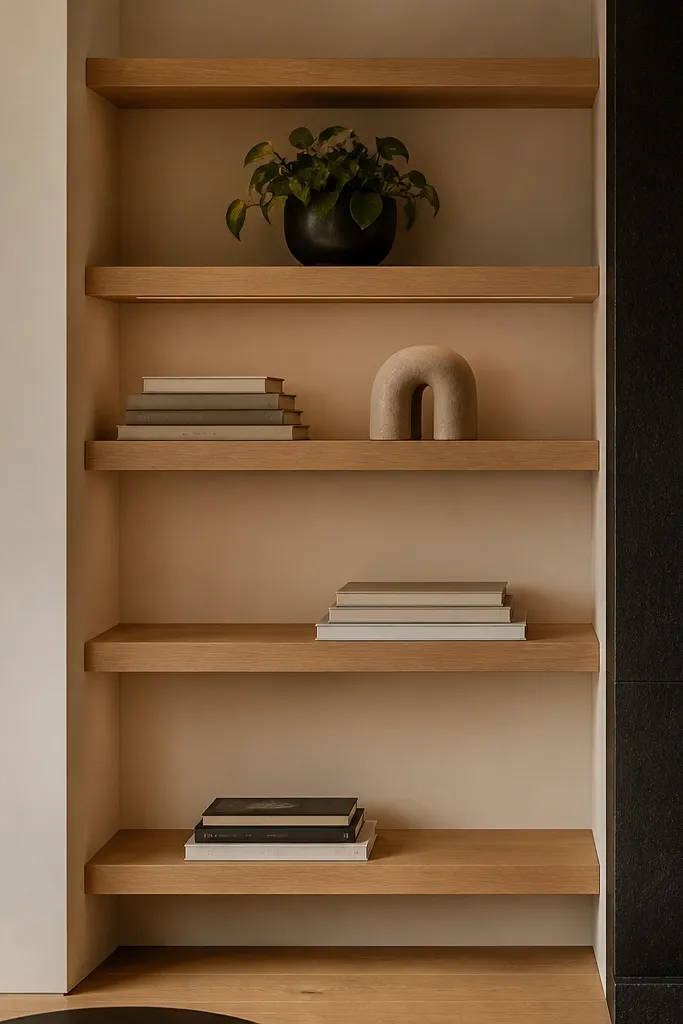 Floating shelves with art and decor arranged in a tidy vertical line