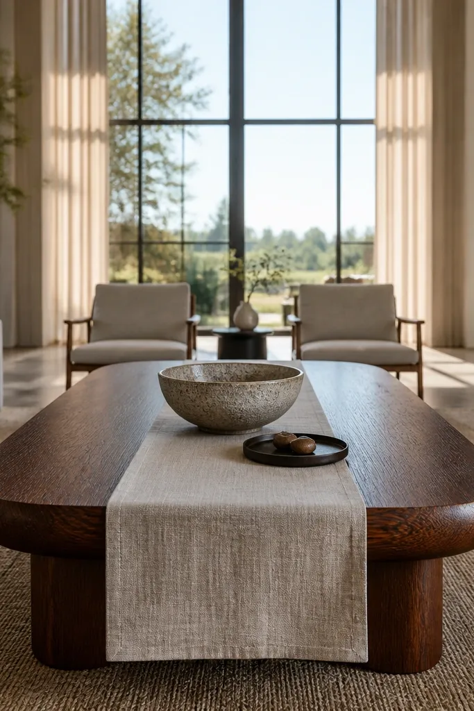 Dark wood coffee table with a light runner and styled decor