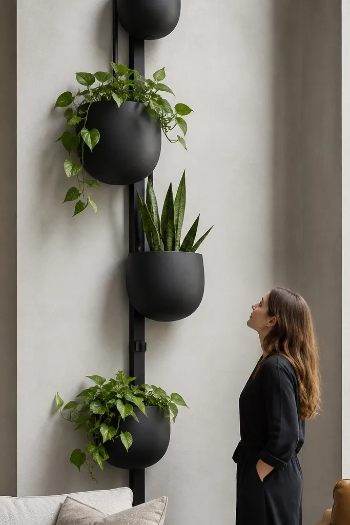 Wall-mounted planters in a vertical line with trailing greenery