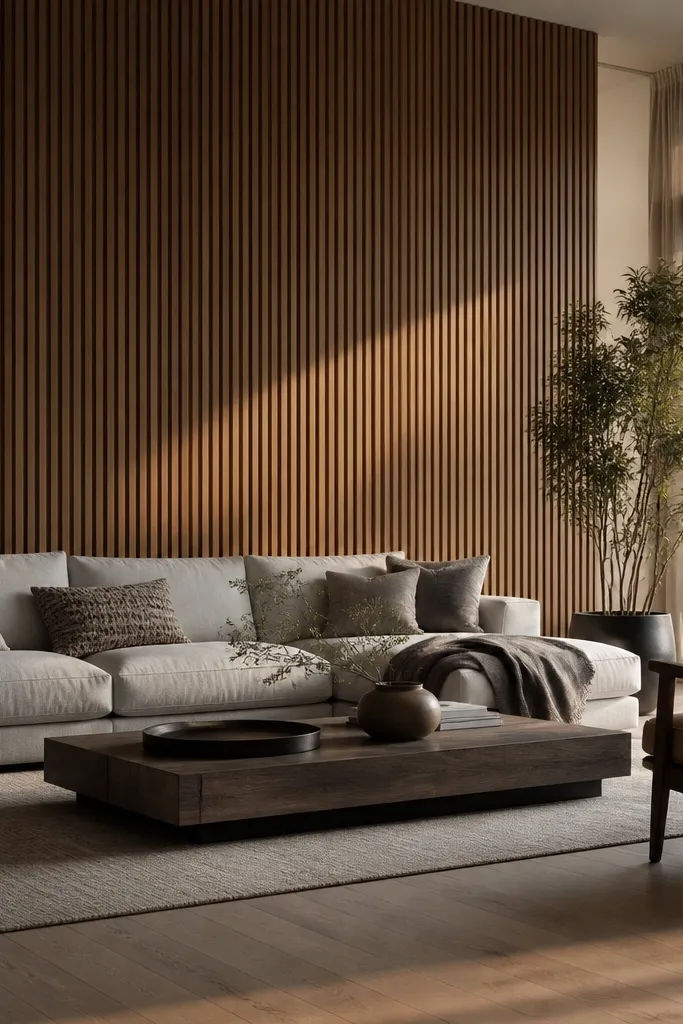 Wood slat wall panel behind sofa with even spacing and warm finish