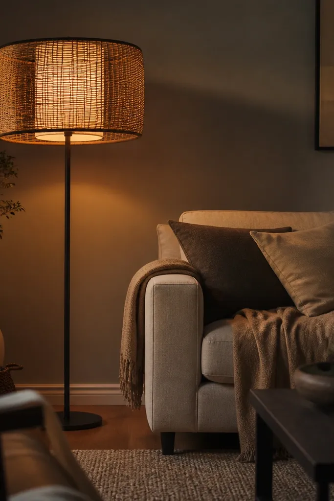 Tall floor lamp with linen shade near sofa casting warm light upward