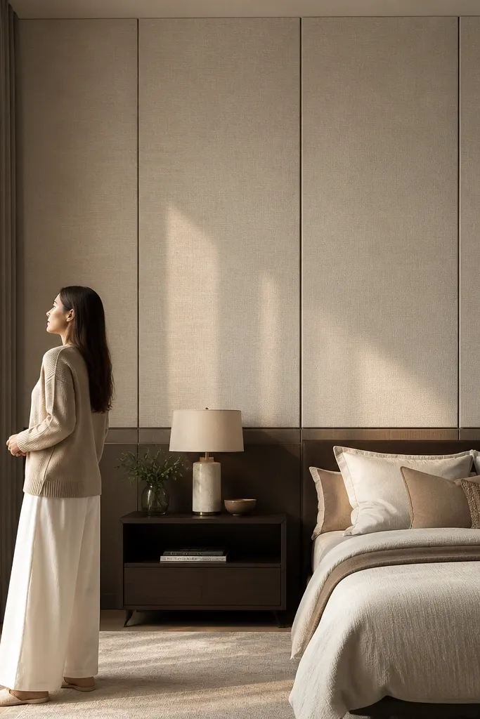 Fabric wall panels stretching from near ceiling down toward seating area