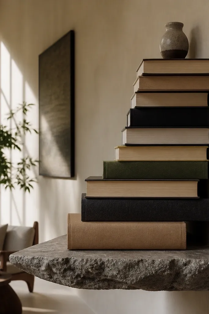 Books stacked in a stepped pattern on a wall ledge with a vase and frames