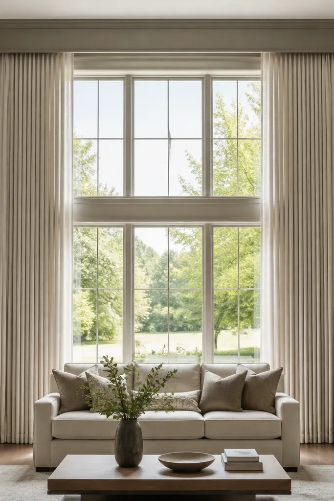 Custom-looking cornice box above a window with curtains below