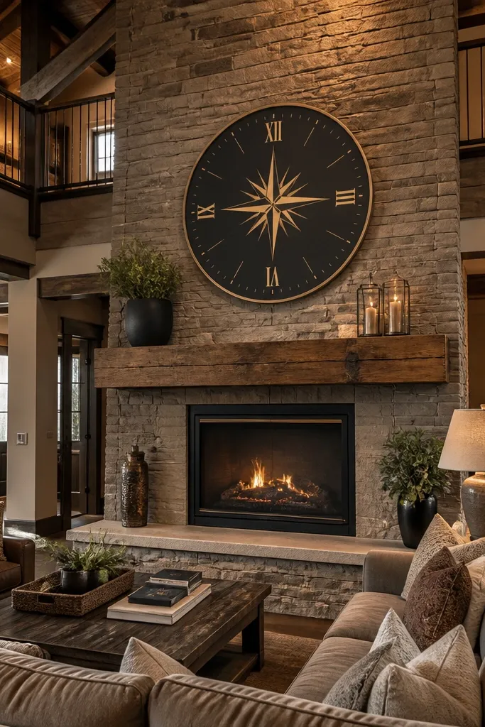 Large wall clock centered above seating with warm neutral decor