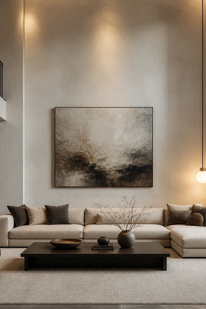 Plaster-look textured wall in warm white behind sofa with soft shadows