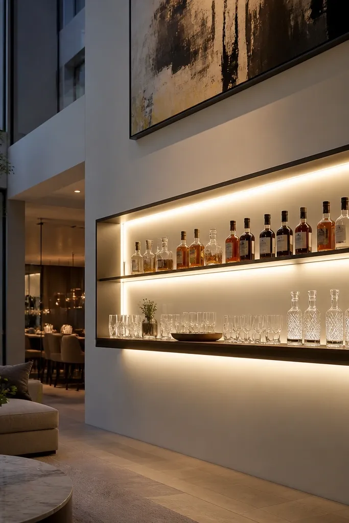 Wall niche with backlit shelves holding a bar setup and glassware