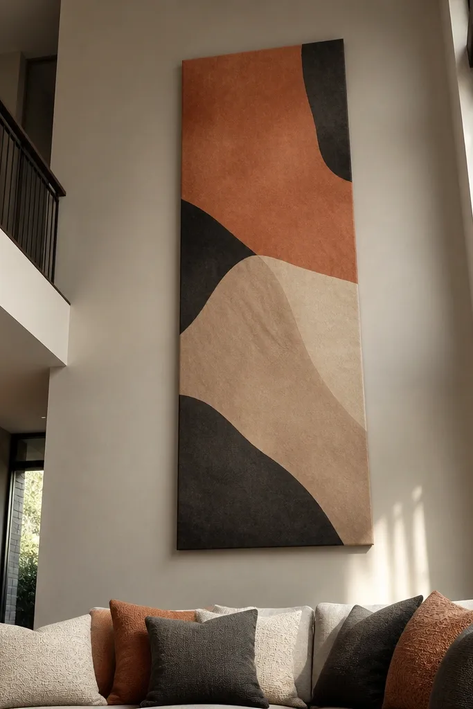 Tall vertical canvas artwork centered above sofa