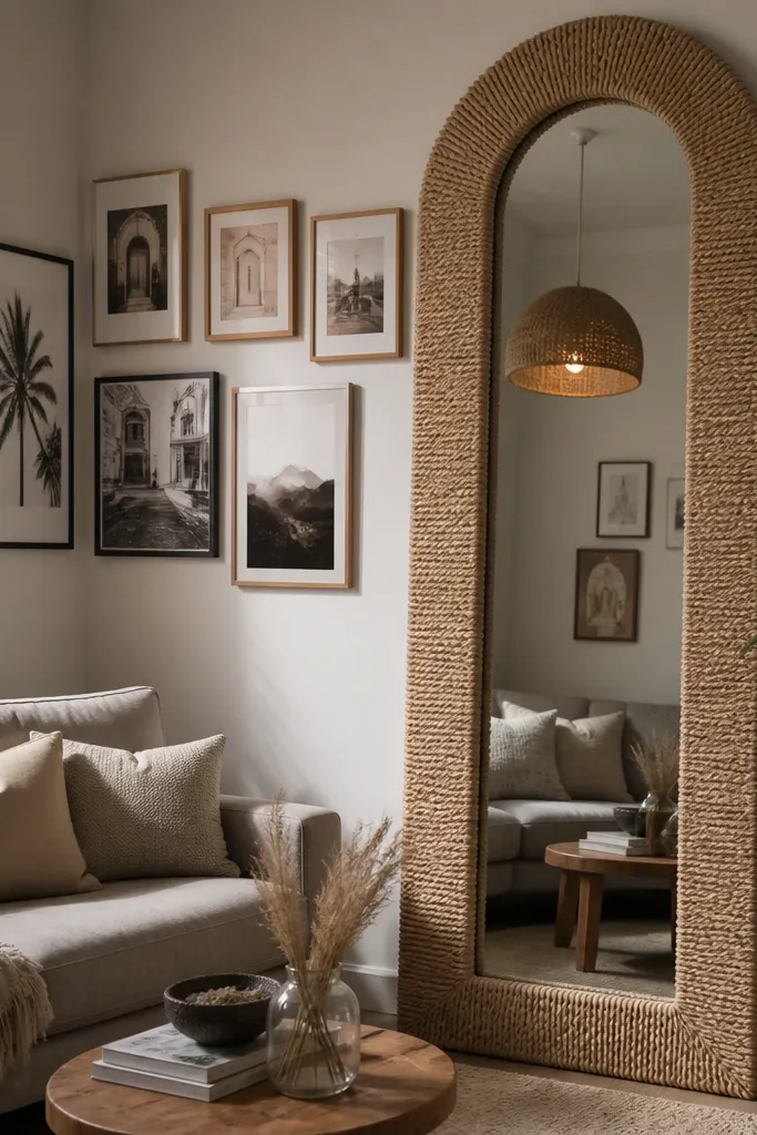 A tall mirror with rope-wrapped accents near a railing and tall wall