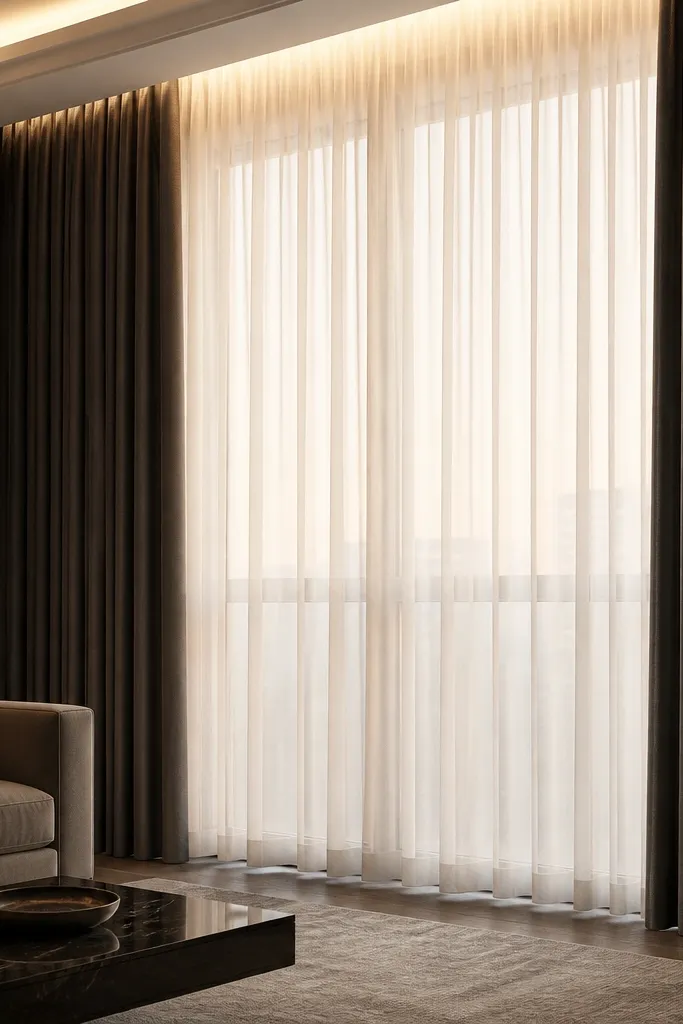 Layered window treatments with sheer panels behind heavier drapes