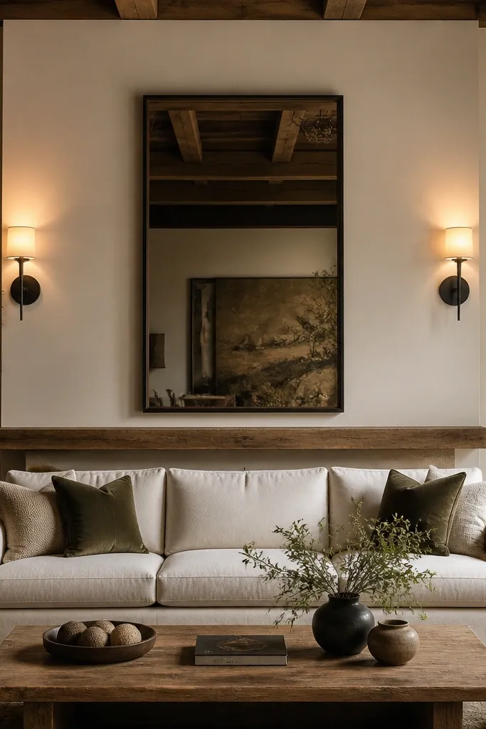 Two matte black sconces on either side of a large mirror with warm light