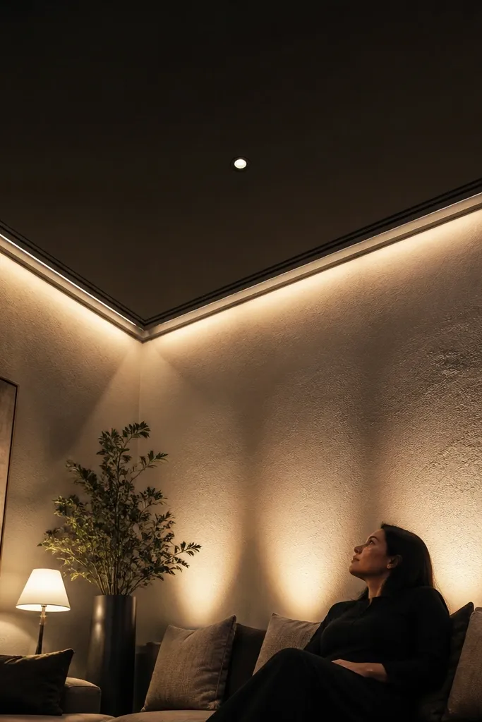 Warm wall-washing light on a double-height wall with a clean ceiling fixture